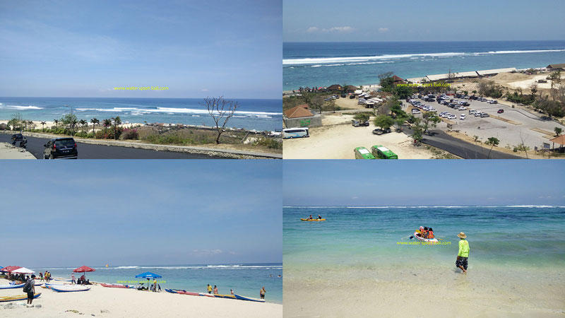 Scenic views of Pandawa Beach in Kutuh Village, Bali, showcasing the parking area, beach activities, and clear turquoise waters.