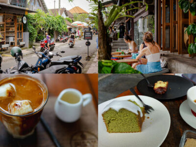 Collage of places to hang out in Ubud: street, Seniman Coffee Studio, iced latte coffee, and green cake