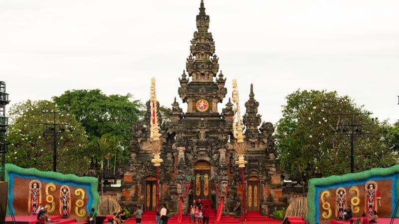 Traditional Balinese architecture of the Art Center in Denpasar, adorned with cultural decorations, near Bajra Sandhi Monument.