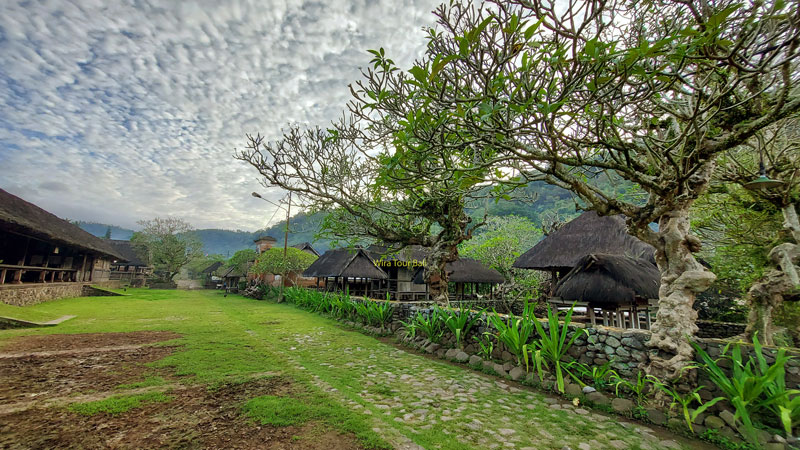 Traditional huts and stone pathways in Tenganan Village amidst lush Balinese landscape