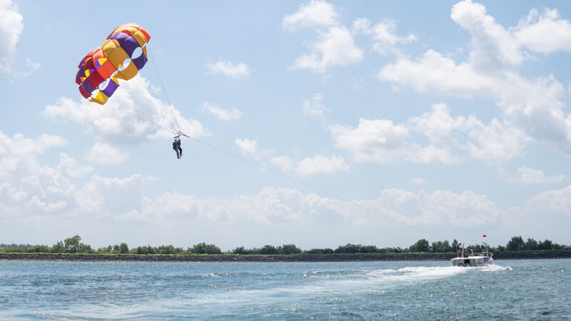 Tourists enjoying tandem parasailing activities in Bali