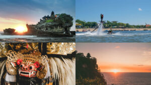 Collage of Bali attractions including traditional Barong dance, flyboarding, Tanah Lot and Uluwatu temple, beach sunset.