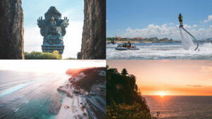 Bali-Travel-Guide-Collage: Garuda Wisnu Kencana statue, jet ski activity, flyboarding adventure, panoramic view of Bali beach at sunset, and temple silhouette atop cliff.