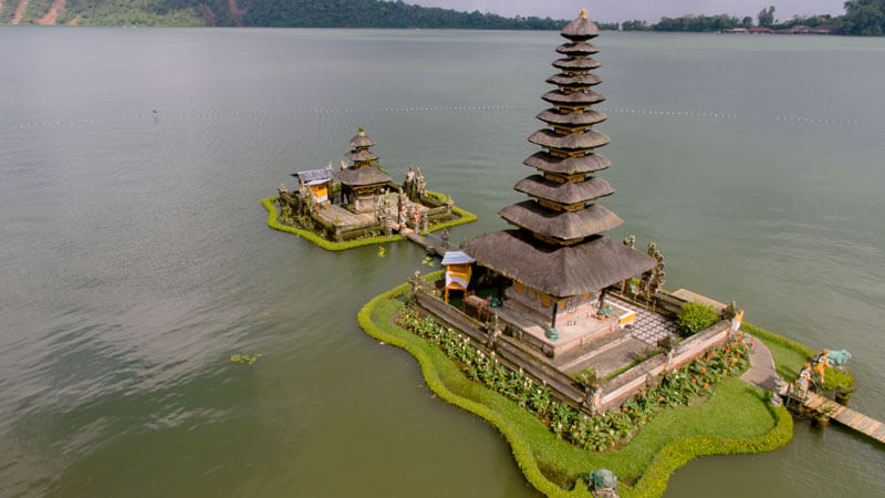 Aerial view of the Ulun Danu Beratan Temple on a cloudy day