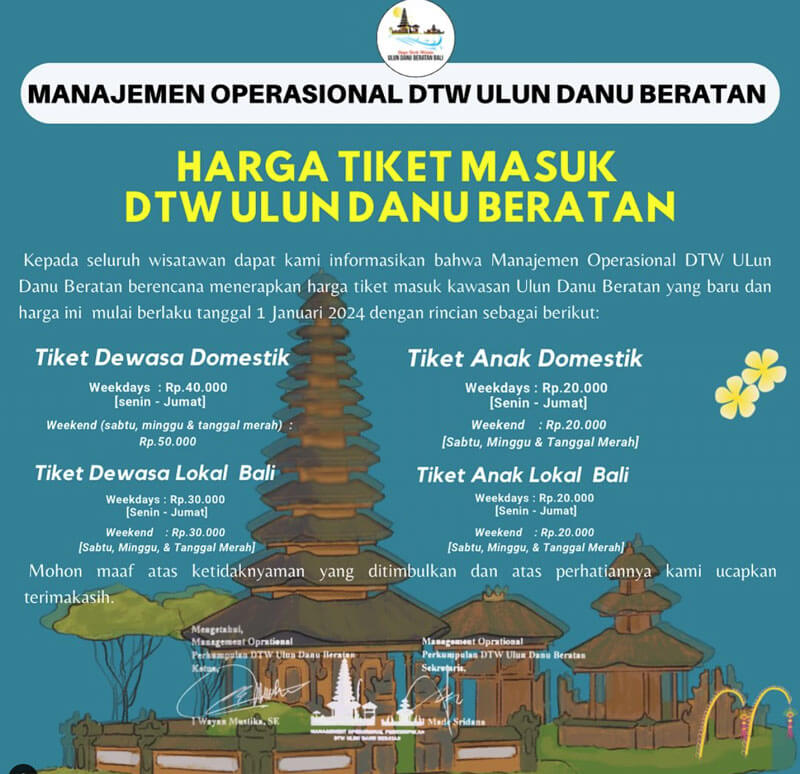 New admission price infographic for Pura Ulun Danu Beratan effective from January 1, 2024, detailing rates for adults and children on weekdays and weekends.