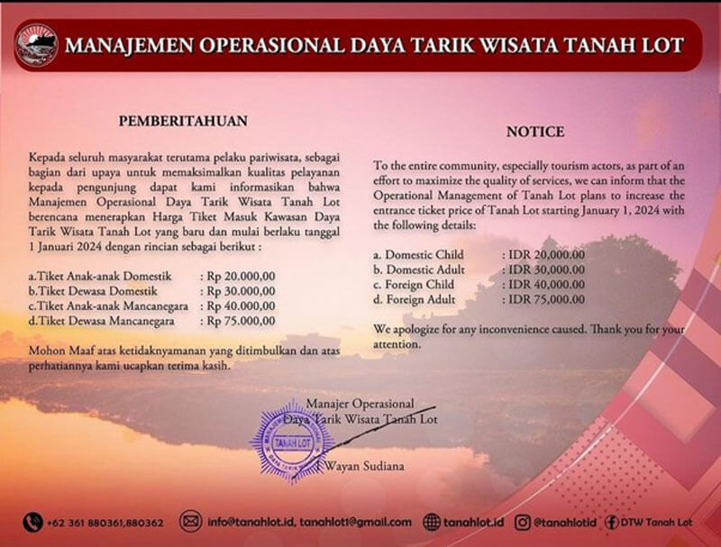 Official notice of updated Tanah Lot entrance fees effective January 1, 2024, against a captivating sunset backdrop.