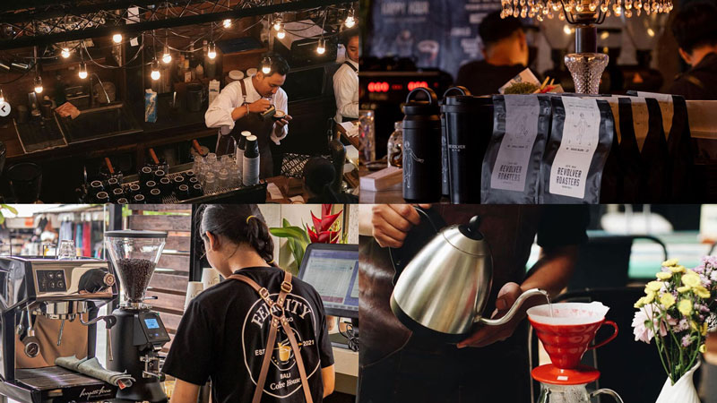 Montage of Seminyak's top coffee spots with baristas, coffee bags, and brewing process