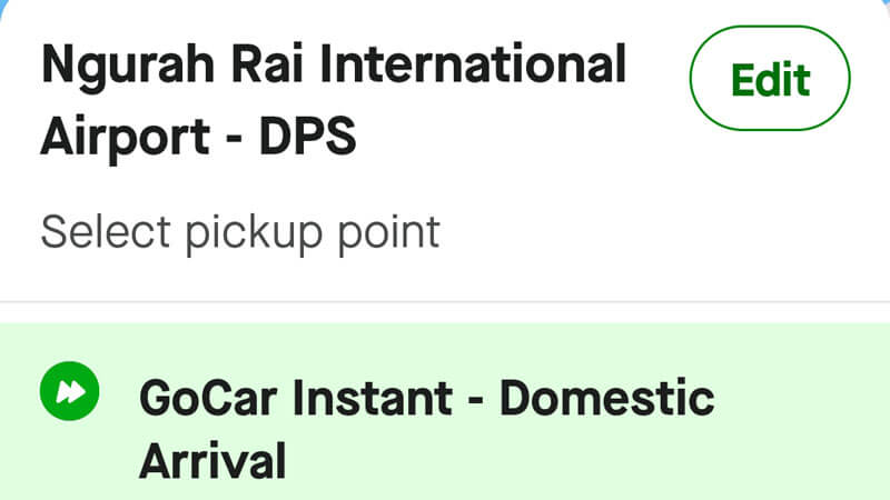 Mobile screen displaying GoCar Instant booking option at Ngurah Rai International Airport