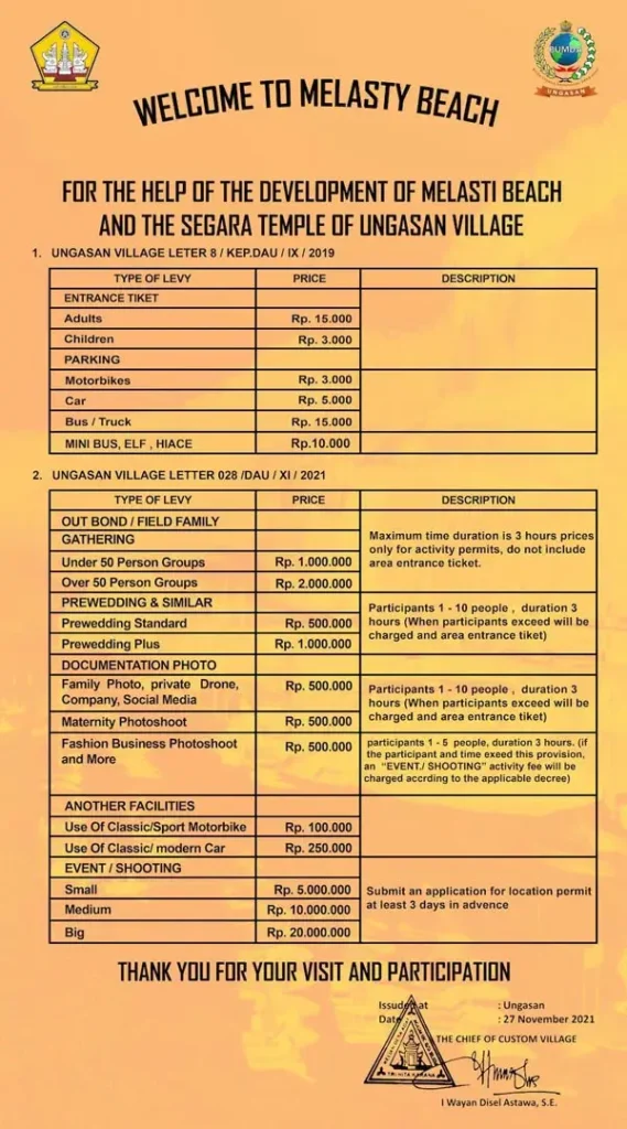 Official Melasti Beach entrance ticket and parking price board in English