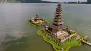 Aerial view of the Ulun Danu Beratan Temple on a cloudy day