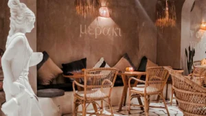Cozy Bali café interior with rustic decor and soft lighting