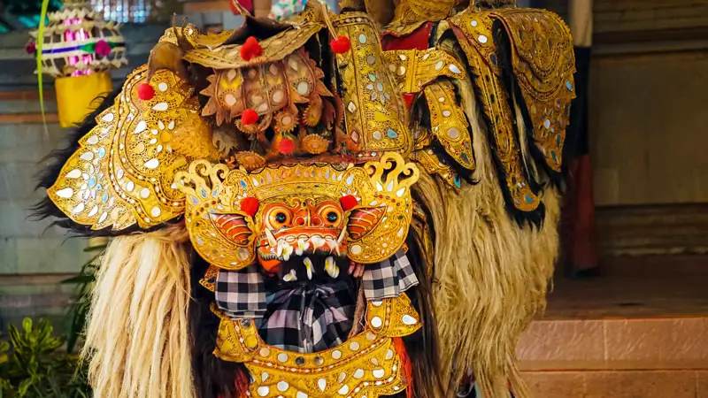 Ornate Barong costume from a traditional Balinese dance performance in Bali.