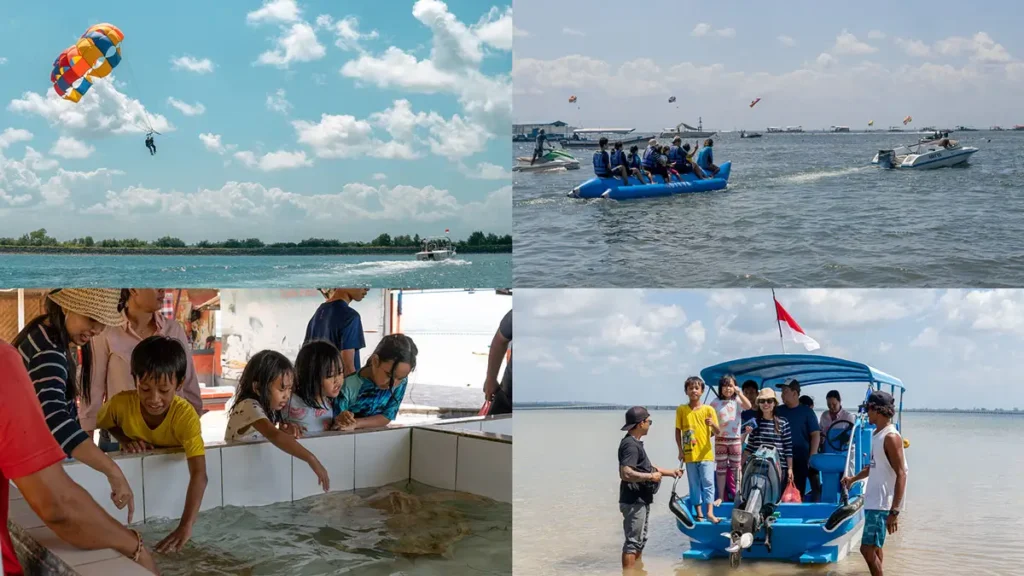 Collage of parasailing, banana boat ride, and Turtle Island tour in Bali