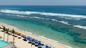 Clifftop overview of Melasti’s south-facing bay with reef and rows of daybeds sets expectations for first-timers.