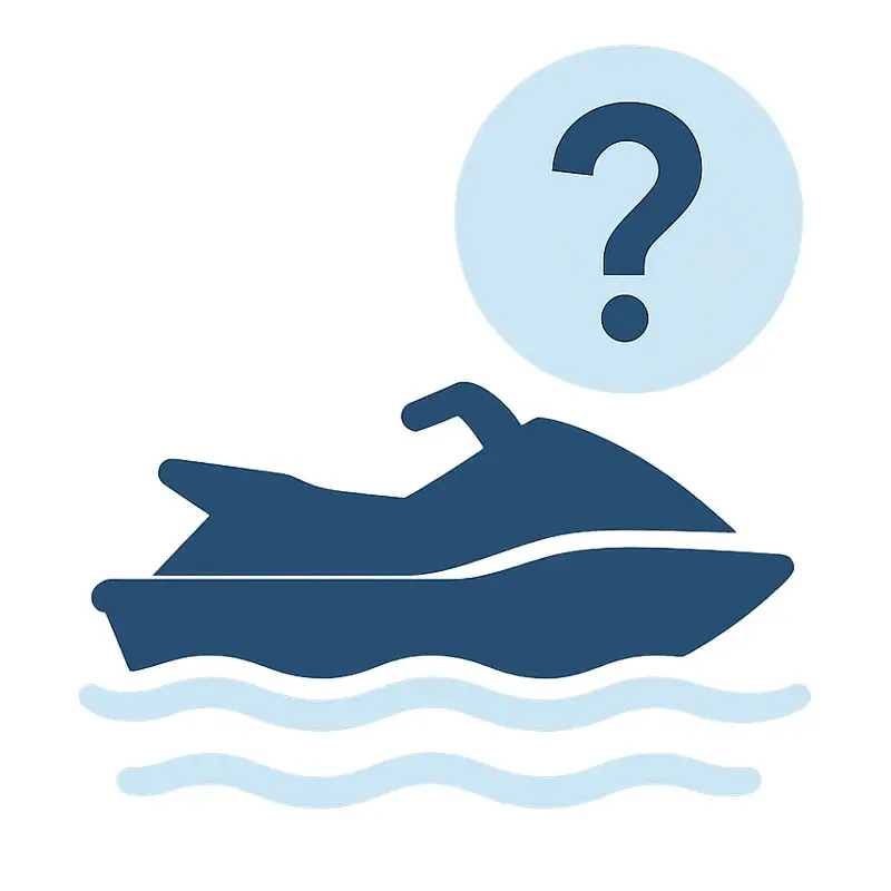 Blue watercraft icon on waves with a question mark bubble
