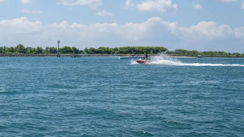 Personal watercraft speeding across blue water near a low green shoreline
