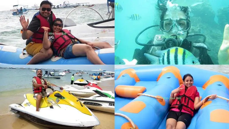 Collage of Bali water sports at Tanjung Benoa including banana boat, jetski, and snorkeling/diving