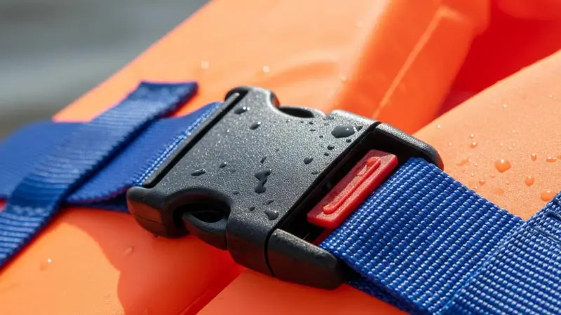 Close-up of a fastened life jacket buckle.
