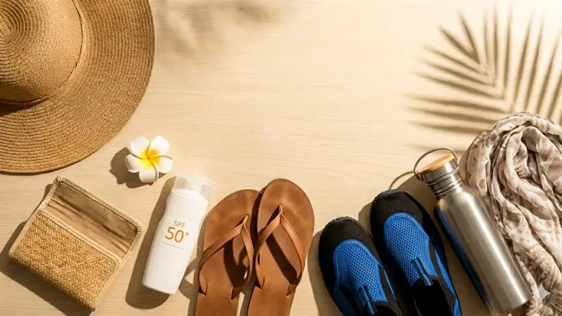 Flat-lay of SPF 50+ sunscreen, sandals, water shoes, hat, scarf, bottle, and cash