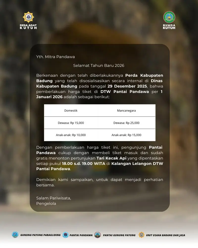 Official Pandawa Beach ticket price notice 2026 + free Kecak 18:00–19:00 WITA