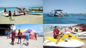 Tanjung Benoa Beach watersports scenes: jet ski, parasailing prep, and boats
