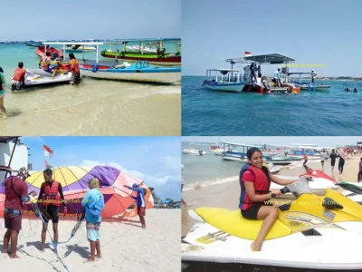 Tanjung Benoa Beach watersports scenes: jet ski, parasailing prep, and boats