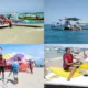 Tanjung Benoa Beach watersports scenes: jet ski, parasailing prep, and boats