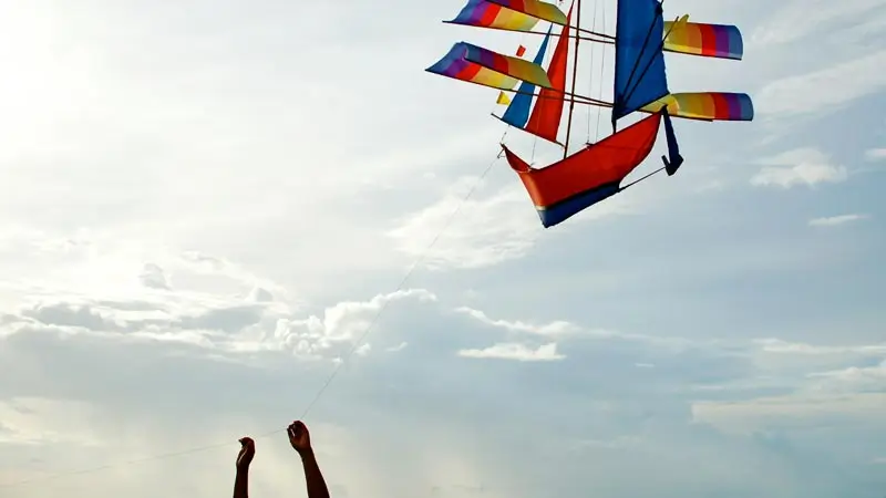 Colorful kite flying above the shoreline on a windy day