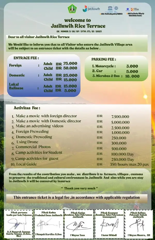 Jatiluwih Rice Terrace entrance fee board (2026) showing foreign, domestic, local Bali and parking rates