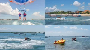 Tanjung Benoa water sports package collage: parasailing, jet ski, banana boat, donut ride