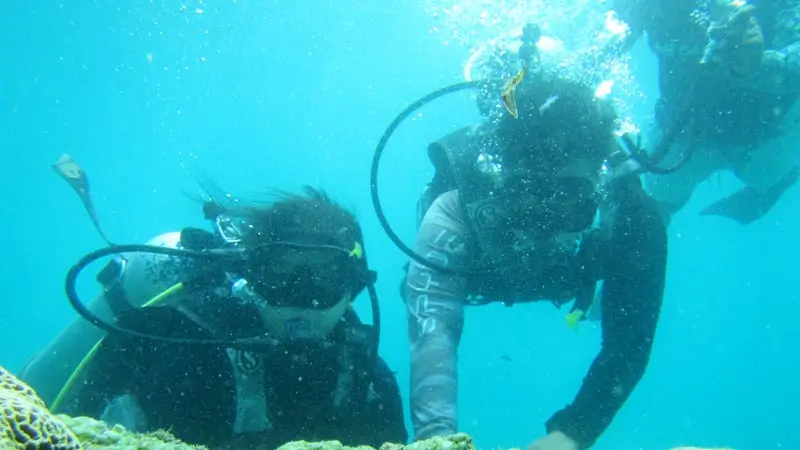 Underwater instructor guiding a beginner during Discovery Scuba Diving