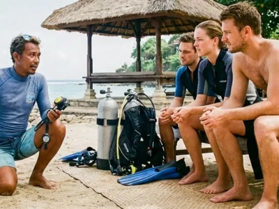 Beach briefing for Tanjung Benoa scuba diving for beginners (DSD)
