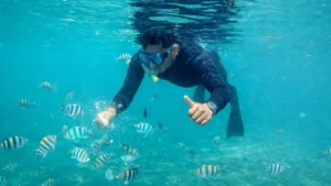 Tanjung Benoa snorkeling participant underwater with fish