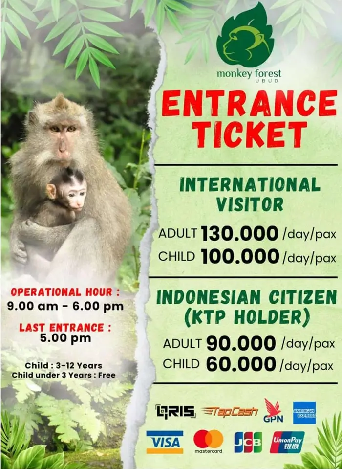 Monkey Forest Ubud entrance fee board with ticket prices