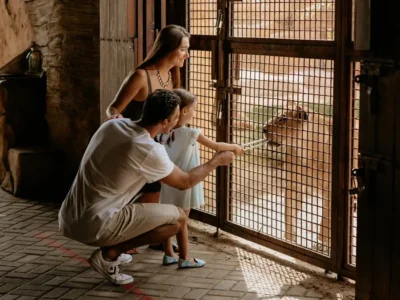 Child and parents watching an animal behind a barrier near Ubud