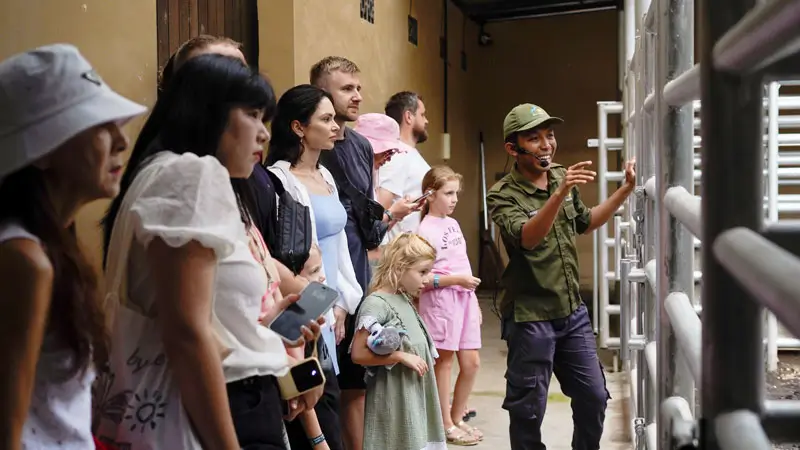 Group listening to a keeper talk beside an animal enclosure