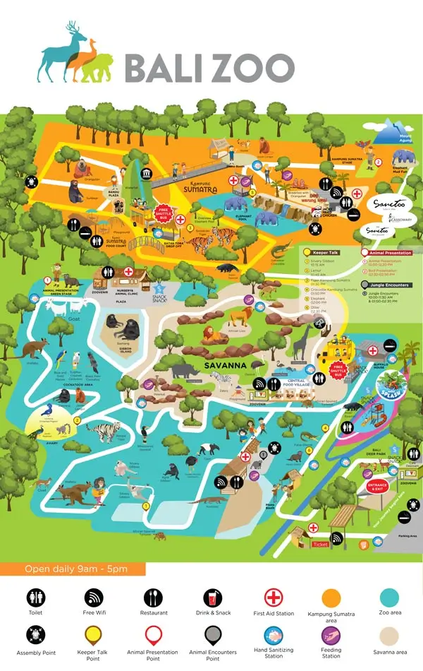 Official Bali Zoo map showing animal zones, facilities, and opening hours